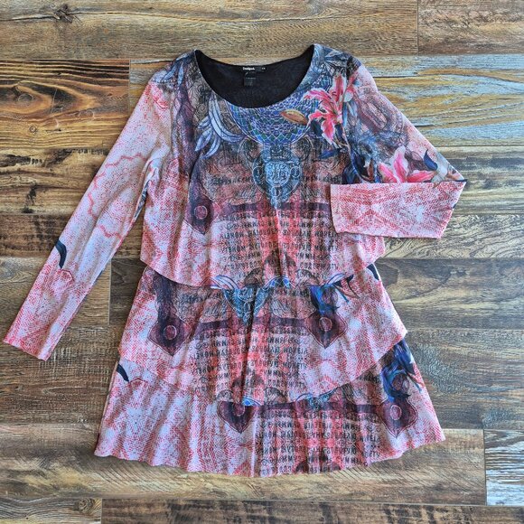 Desigual One Moment Abstract Mesh Layer Mini Dress Long Sleeve Multicolor - Picture 8 of 16